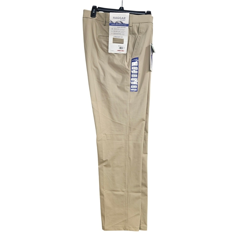 Haggar Sport Mens Travel Performance Pant 40x32 Khaki Tan Straight Fit HC70107